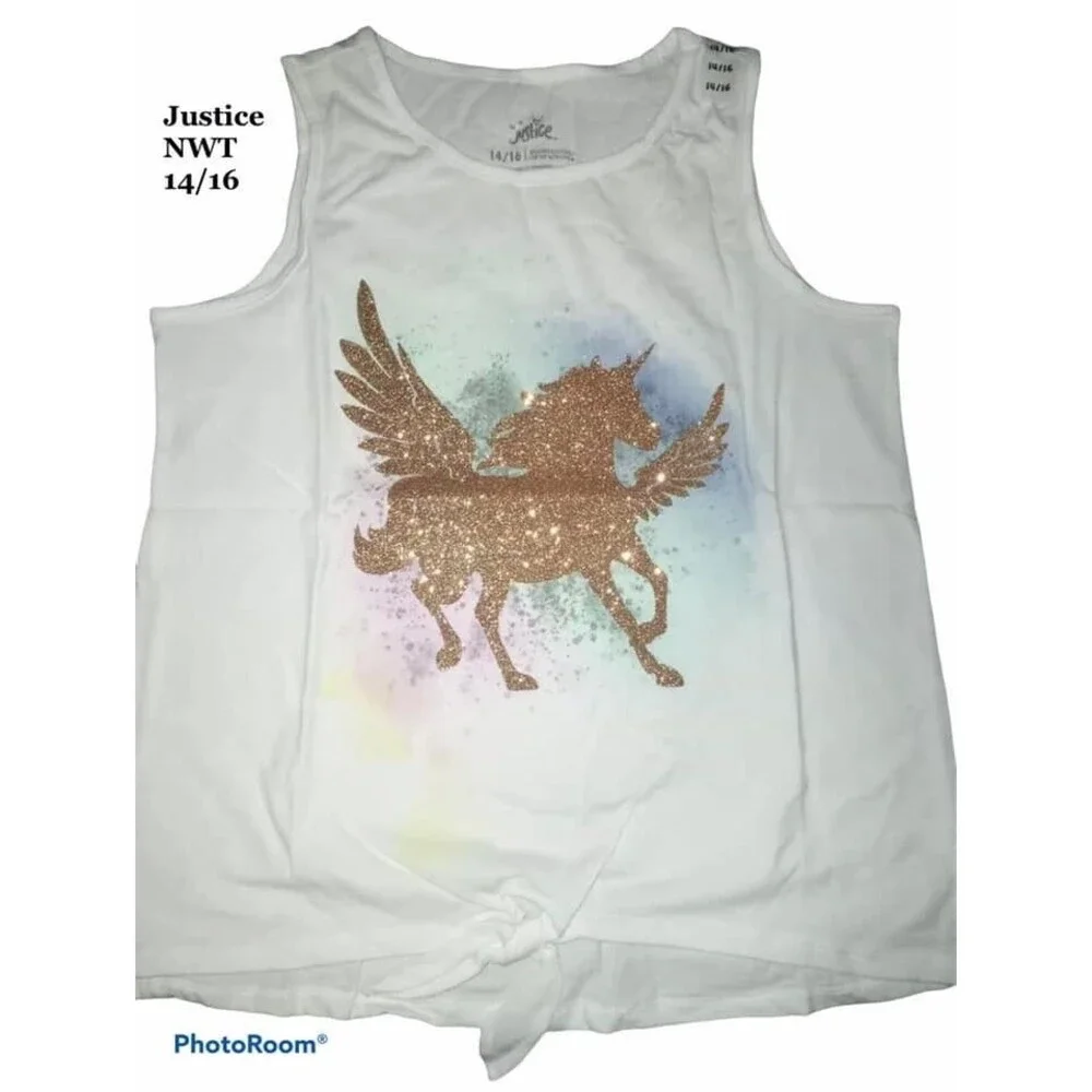 Justice Girls Lot of 2‎ Tank Tops size 14/16 Unicorn Glitter USA Americana Tween